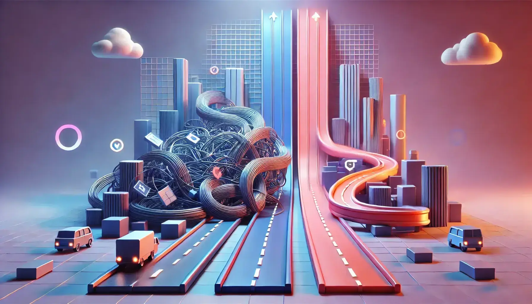 Picture illustrating two ways. One complicated (in blue color) and tangled with many obstacles. The second one clear and easy to go through (pink color).